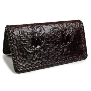 Handmade Leather Coffee black Rose bifold long wallet - New